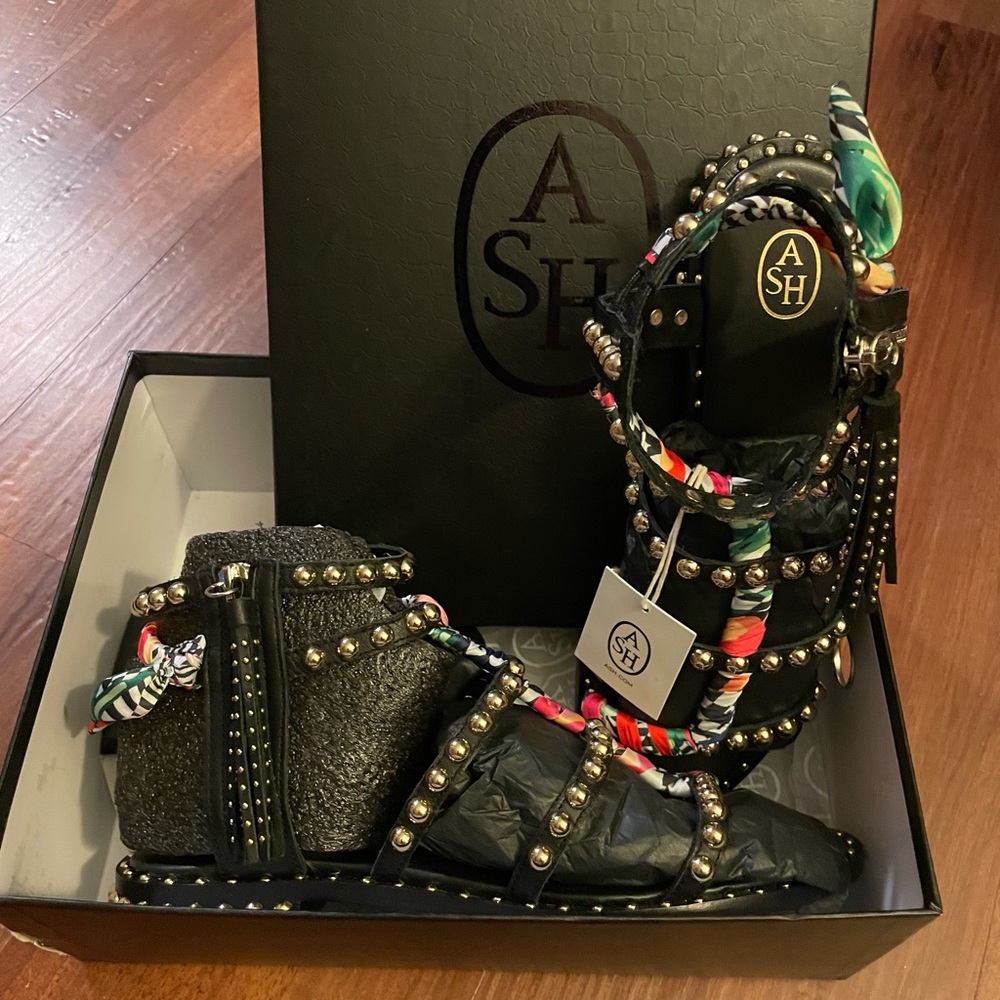 NEW Ash black Pareo leather and silk gladiator sandals 11M - Picture 9 of 10